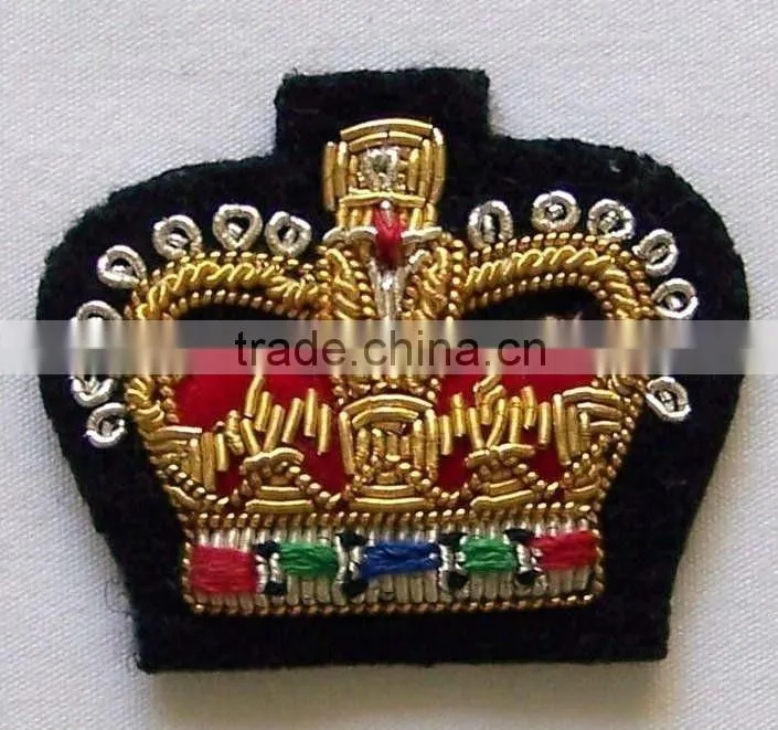 new bullion wire hand embroidered crown badge on black blazer fabric Patches