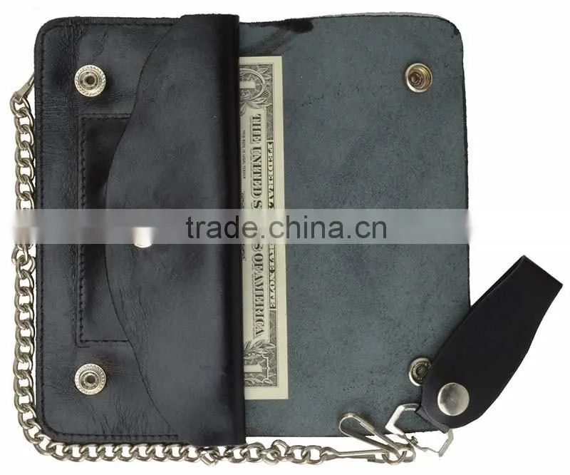 Mens Genuine Leather Large Trucker Chain Wallet With Button Closure
