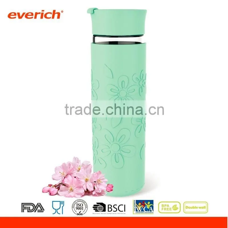 New borosilicate glass bottle with plastic lid and flower silicone sleeve