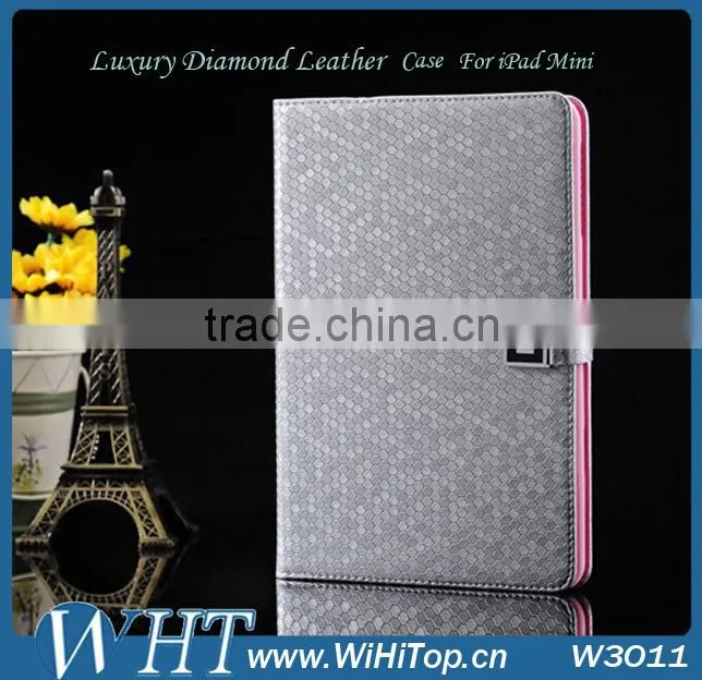 High Quality Diamond Leather For iPad Mini Leather Case Cover.Folio Leather Wallet Case for iPad Mini 7.9 inch.WHTS003