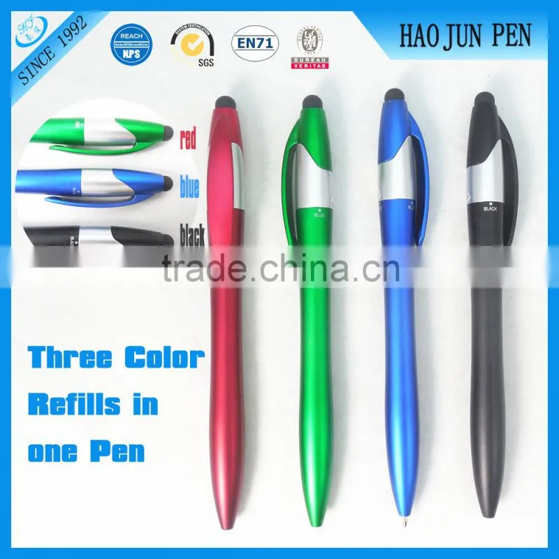 3 color in 1 plastic ballpoint pen with stylus touch tip