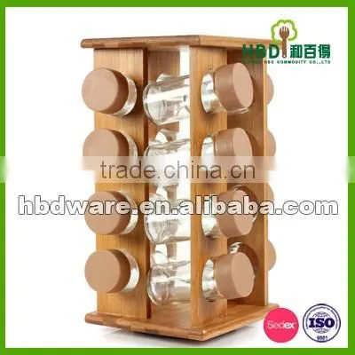 Kitchen wood condiment holder with glass jar set