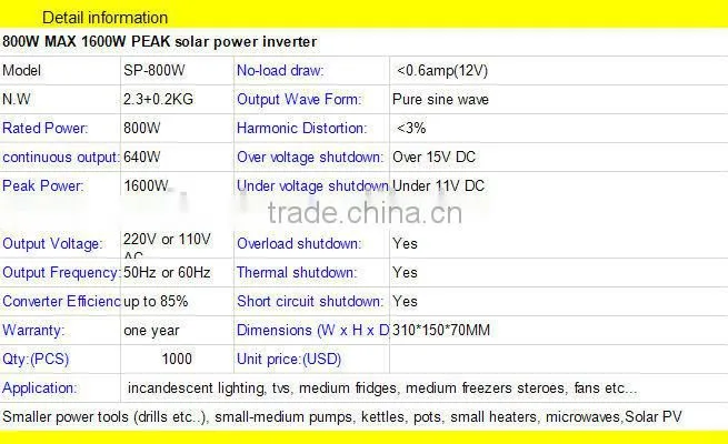 Pure sine wave Inverter 800W 12V-220V