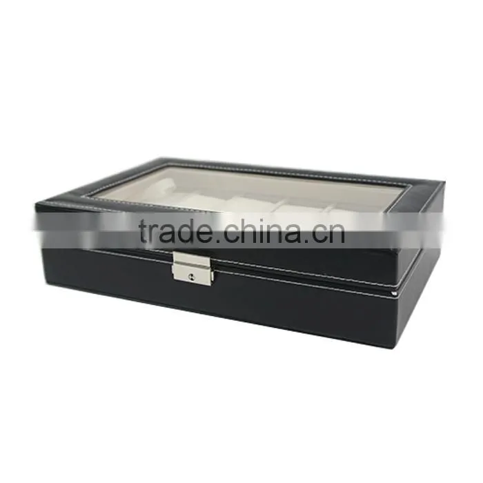 Store More Watch Box Large 10 Mens Black Leather Display Glass Top Jewelry Case Organizer