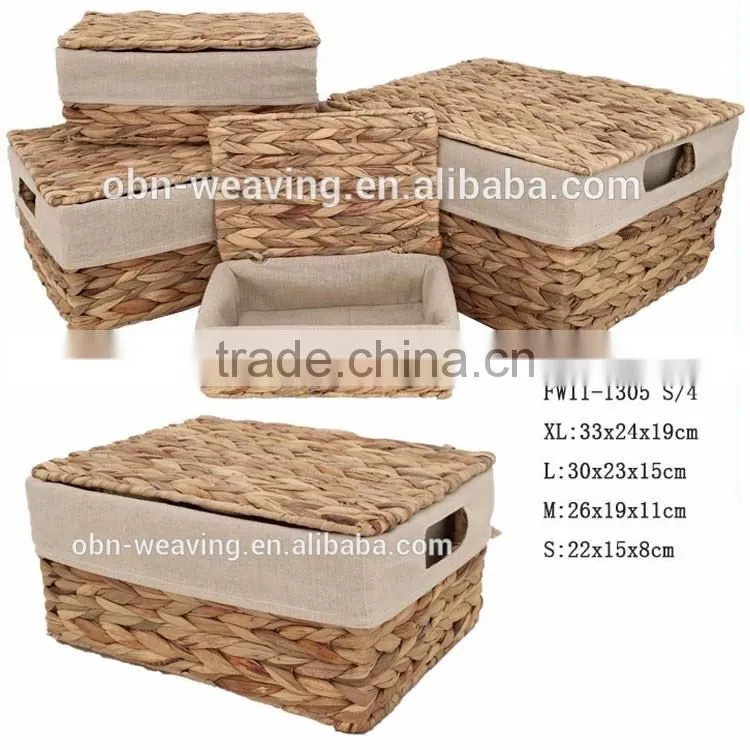 Wholesale customized household handmade water hyacinth basket with lid for storage
