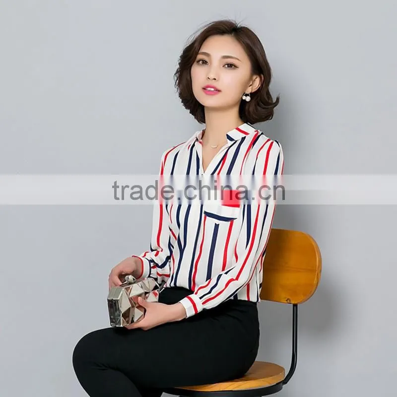 Womens Scarf Collar Long Sleeve V-neck Chiffon Striped Casual Blouse 2016