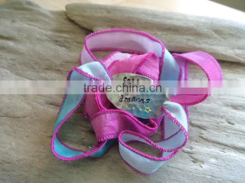 fabric cloth metal chain wrap Bracelet, hand woven silk bracelet, Korea silk ribbon bow bracelet
