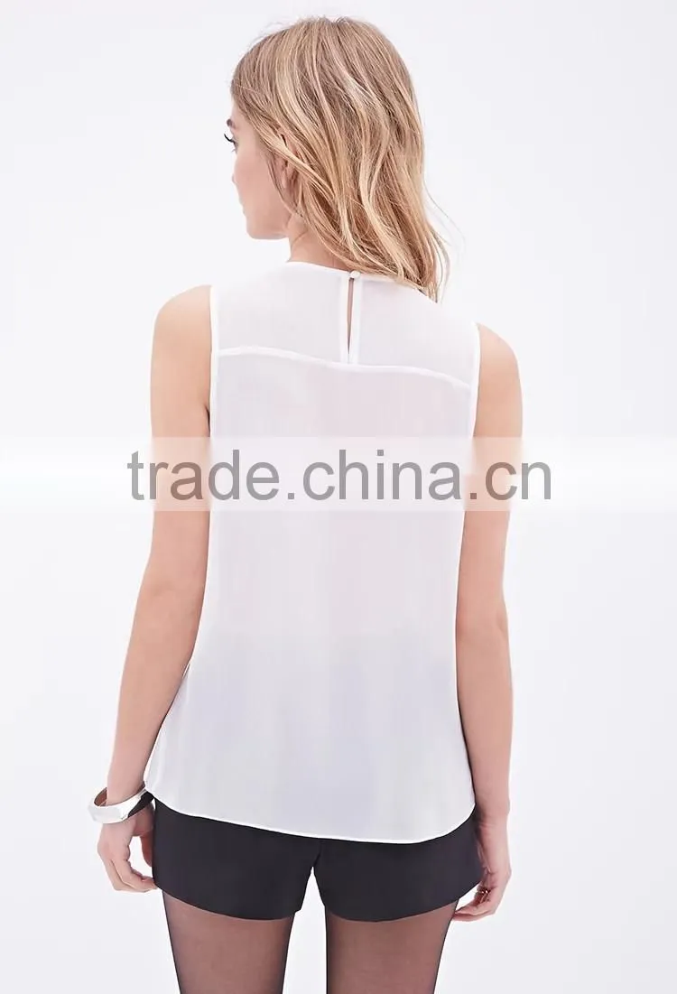 2016 guangzhou shandao oem service summer new design casual chiffon plain dyed women sleeveless pleat tank top with bead