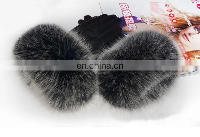 Warm Real Leather Glove With Big Genuine Fox Fur Beautiful Glove
