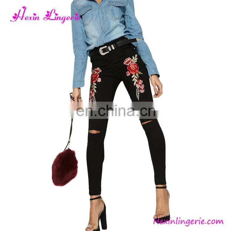 Latest Girls Light Blue High Waist Holes Embroidery Tight Jeans 2017