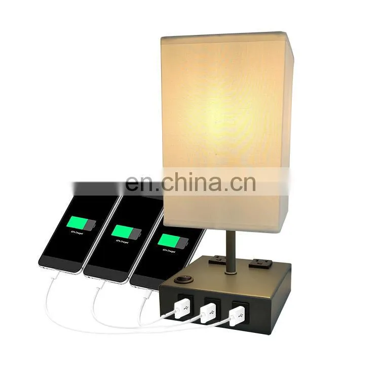 Bedroom bedside hotel room modern minimalist metal fabric USB three socket lamp