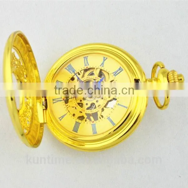 Golden watch fashion dressing reloj de bolsillo with chain