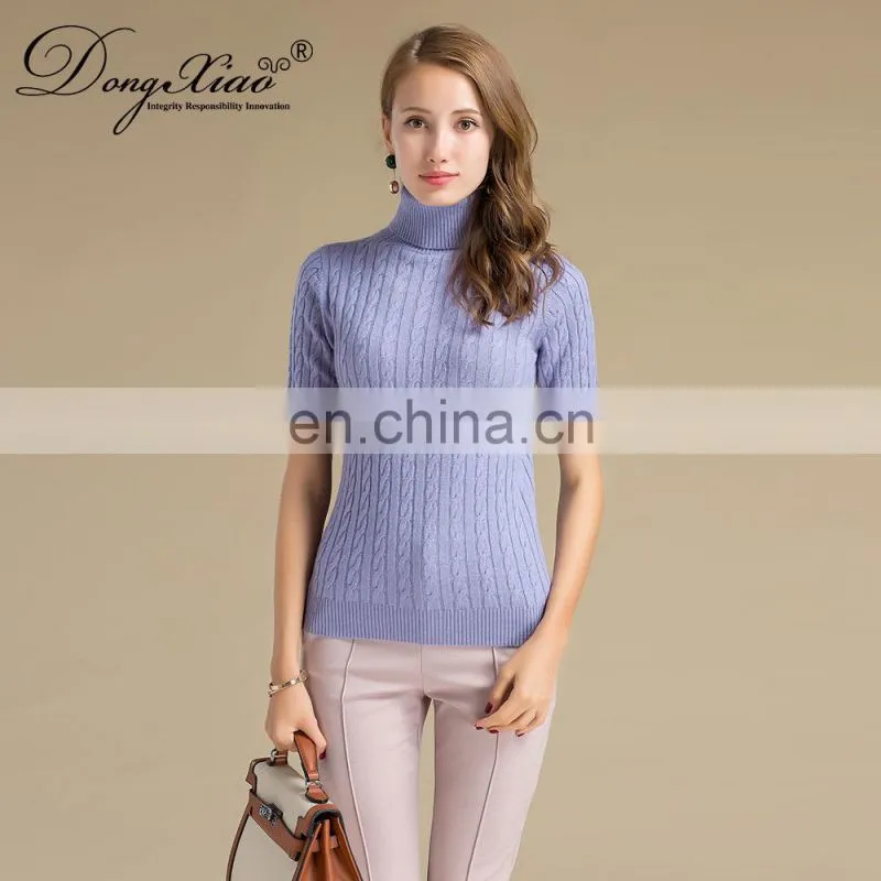 2024 Classic Cable Knit Women's Turtleneck Pullover Half Sleeves Cashmere Sweater Winter 100% Cashmere Solid Pattern Logo Back