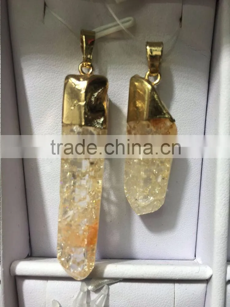 2016 Gold Covering Crack Crystal Pendant Necklace Aquamarine Citrine Rose Quartz Clear Green Natural Crystal Necklace For Women