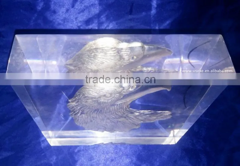 3D laser carving eagle's heart acrylic art block display animal style thick paperweight