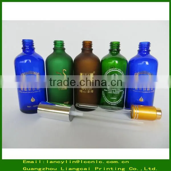 100ml frosted glossy amber green blue glass bottle,boston round glass bottlewith pump cap