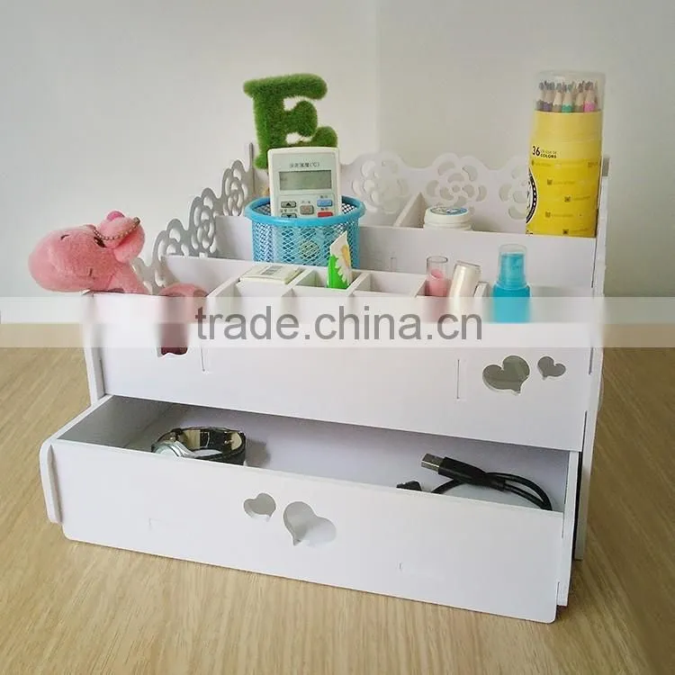 White Cosmetic Wooden Box With Drawer For Girls Design Wholesale Carved Boxes