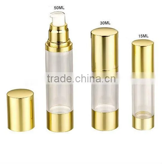 SGS certificated UV plating golden 15ml ,30ml and 50ml airless cosmetic bottle