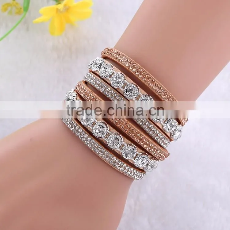 New Fashion Jewelry Woman Magnetic Clasp Leather Crystal Stones Bracelet