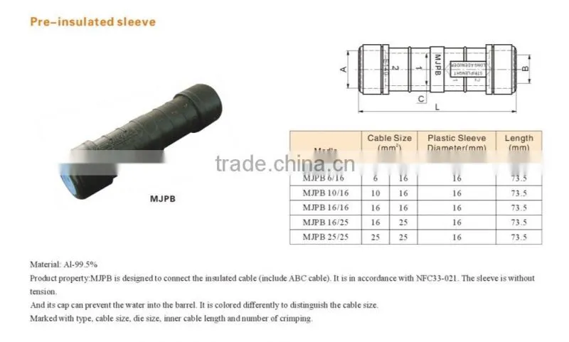 MJPTN series 70 mm2 pre Insulated cable sleeve