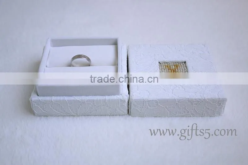 Custom white wedding ring box with beaded name plate of X