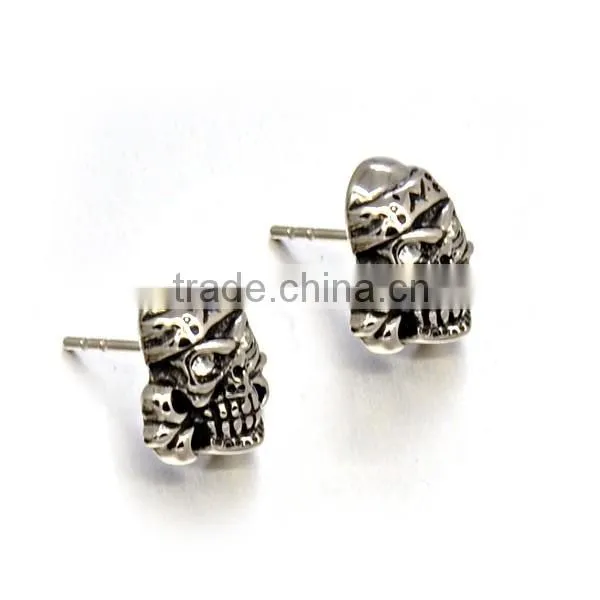 Fashinon Stainless Steel Casting Jewelry Mens Punk Silver Skull Stud Earrings