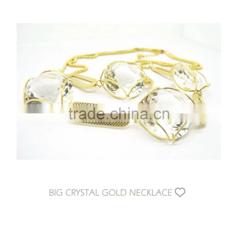 Trendy stainless steel double layer big crystal gold chunky necklace