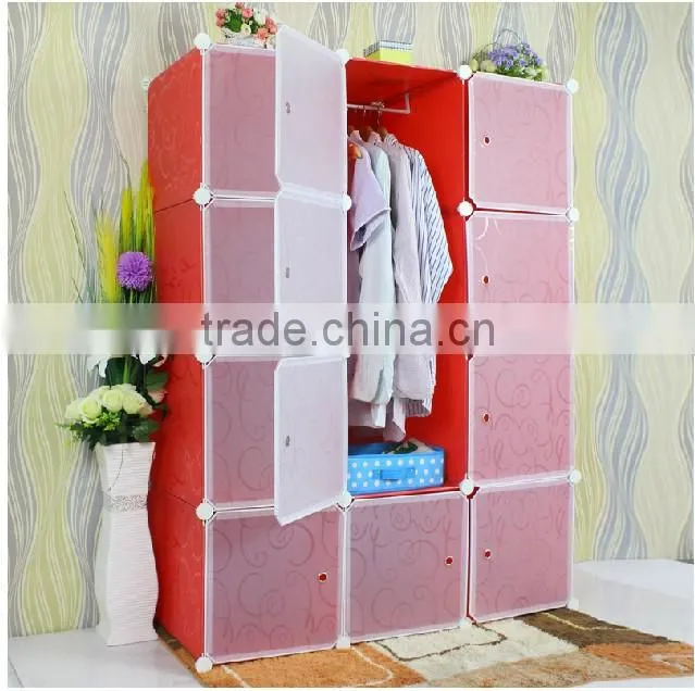 12 cubes Black pattern Plastic storage cabinet with clothes pole