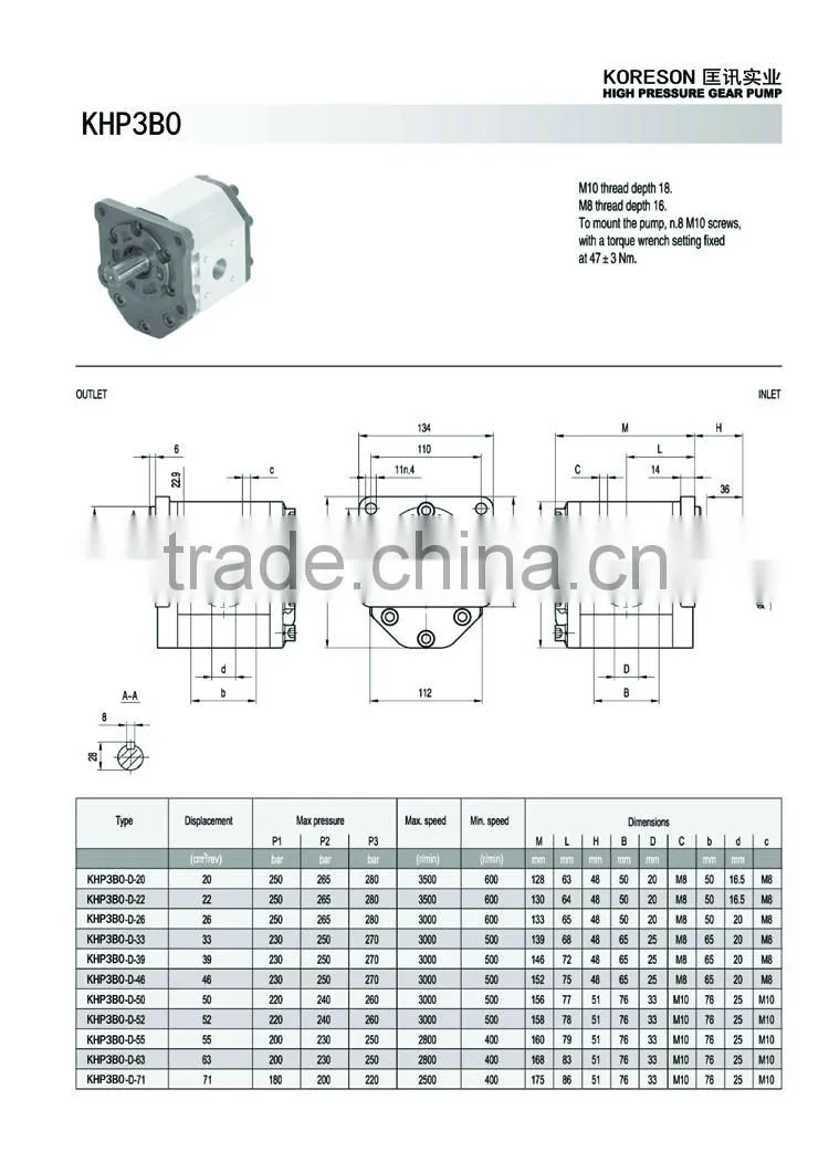 Group 3.0 High Pressure Oil transfer Gear Pump KHP3B0 for Construction