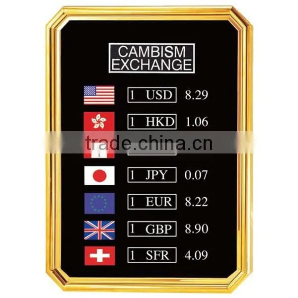 Excellent quality golden room rate hotel sign stand/ Weahter forecast board/ hotel foreign currency exchange sign stand P-75