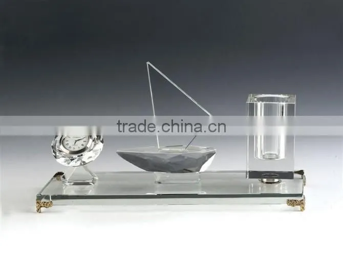 JINGYAGE Office Table Set Crystal Clear Pen Holder With Clock