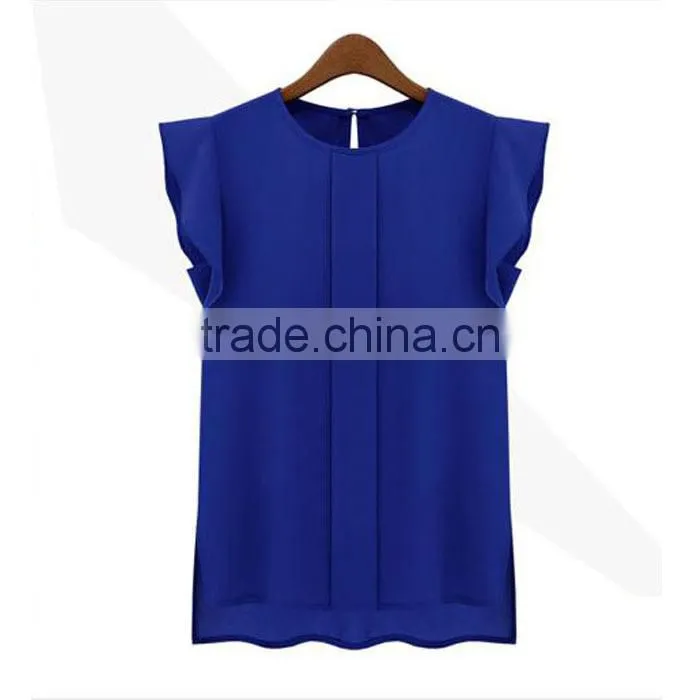 Hot cheap clothes china Womens Summer Casual Clothing Loose Short Tulip Sleeve Chiffon Blouse Shirt Tops