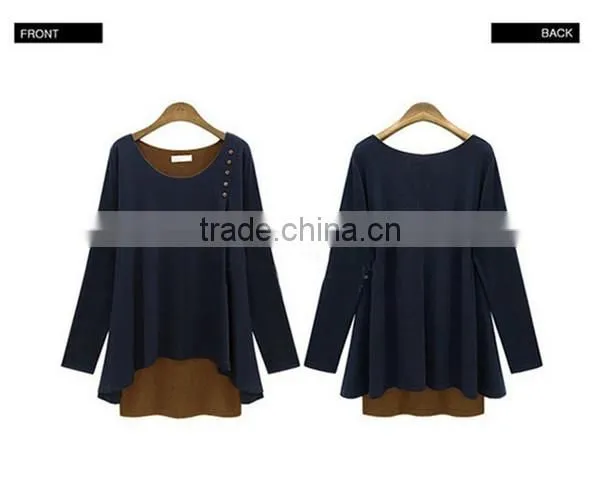 New design irregular two color fake two pcs long sleeve women wear loose T shirt water fall