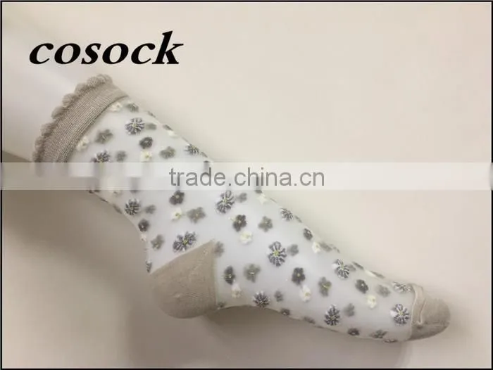 Flower jacqaurd women lovely ankle high transparent nylon summer socks