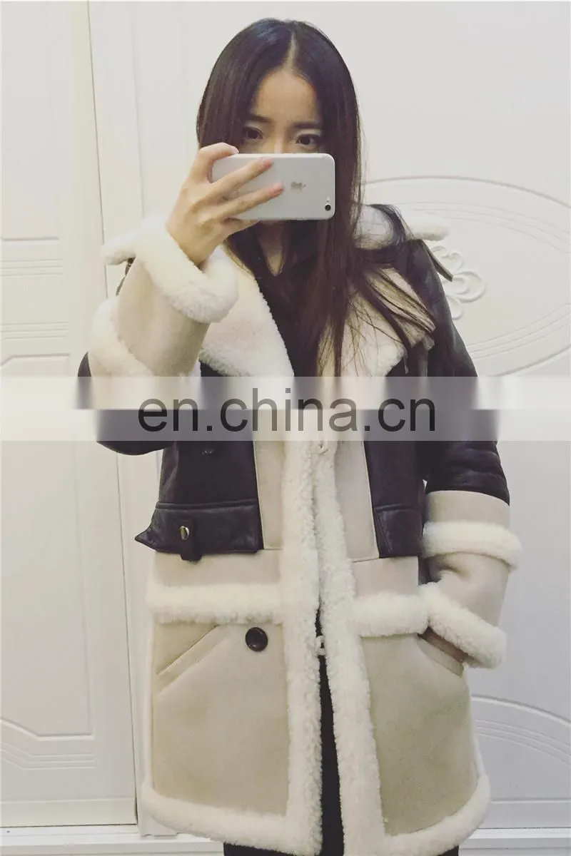 2016 Latest Design Girls Winter Genuine Sheep Skin Fleece Lined Leather Jacket