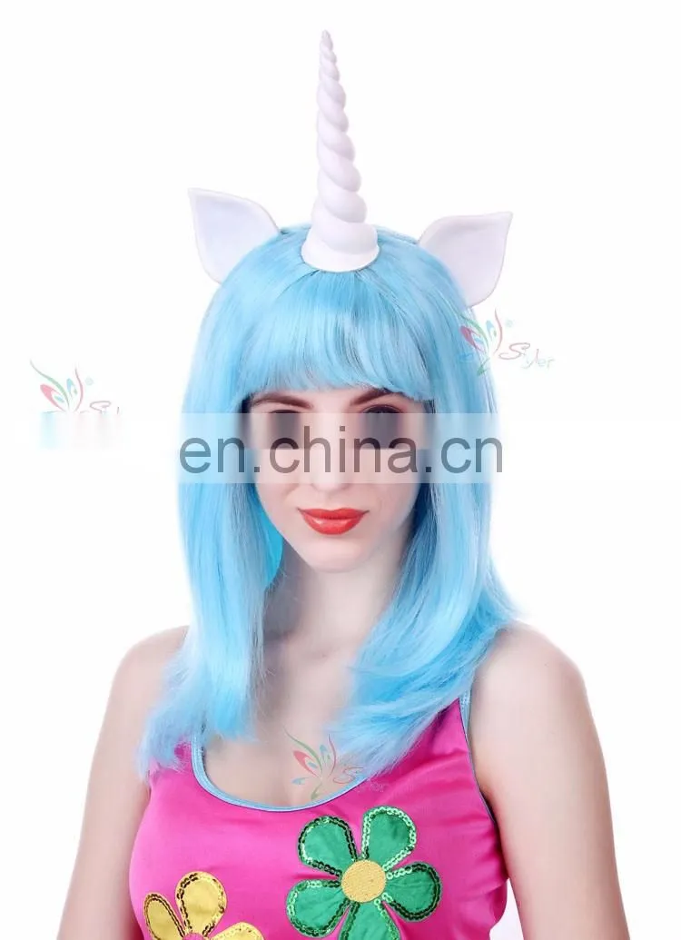 Hot styles cosplay party synthetic fibre hair blue short straight unicorn wig