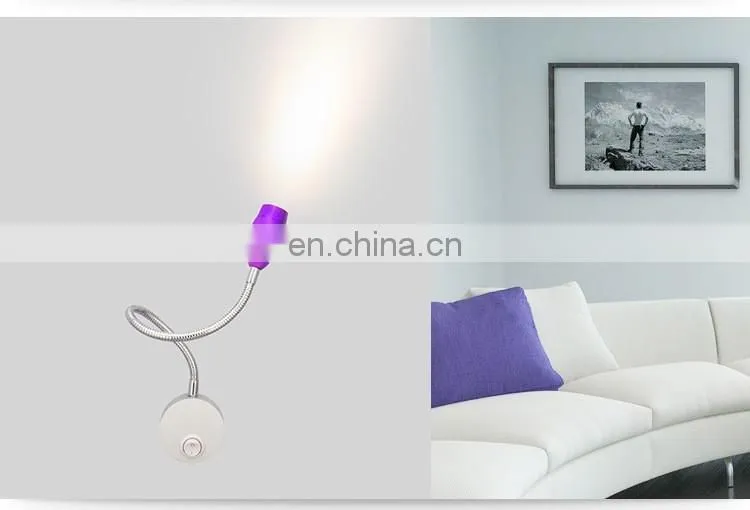 Colourful light head 1w 110v 220v swing arm desk lamp hot sell flexible hose bed lamp decorative led reading lamp
