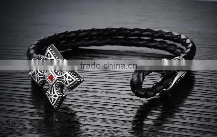 Genuine cow leather weave bracelets titanium steel big brand vintga antic cross man bracelet