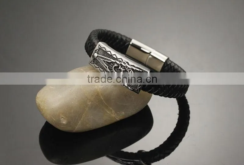 Braided Black Genuine Leather Bracelet Wholesale Mens Stainless Steel Clasp