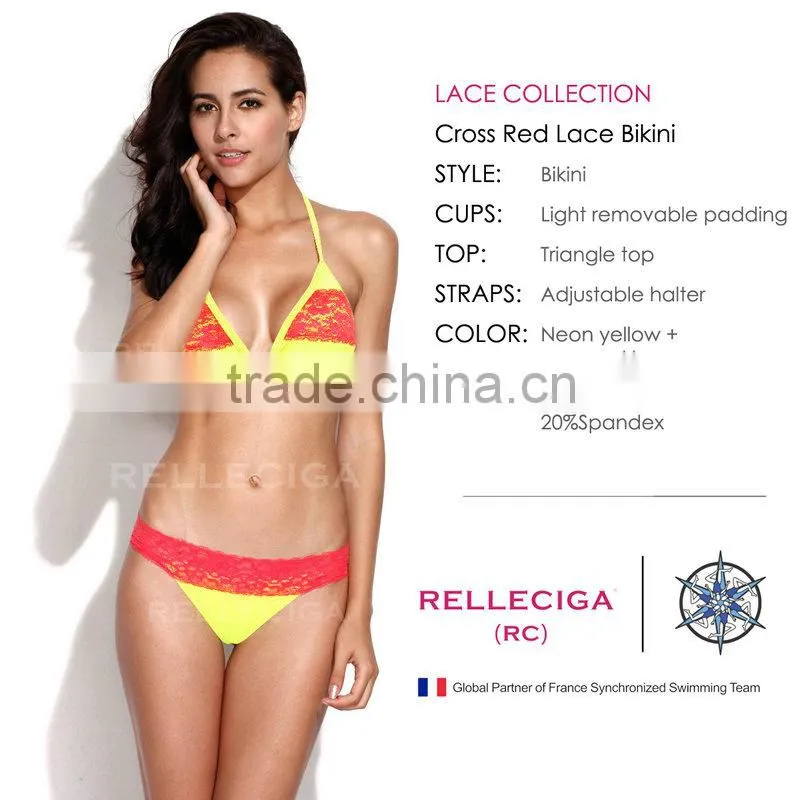 RELLECIGA 2016 Lace Collection -New Neon Yellow + Cross Red Lace Bikini Swimsuit with Triangle Top and Brazilian Cut Scrunch But