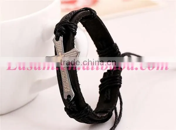Black/brown cross with scripture leather bracelet,leather bracelet with cross