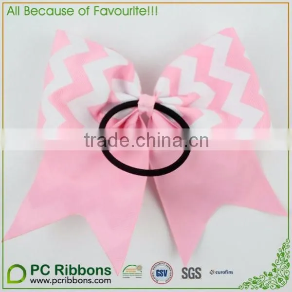 Pink chevron grosgrain big cheer bow with ponytail elastic loop