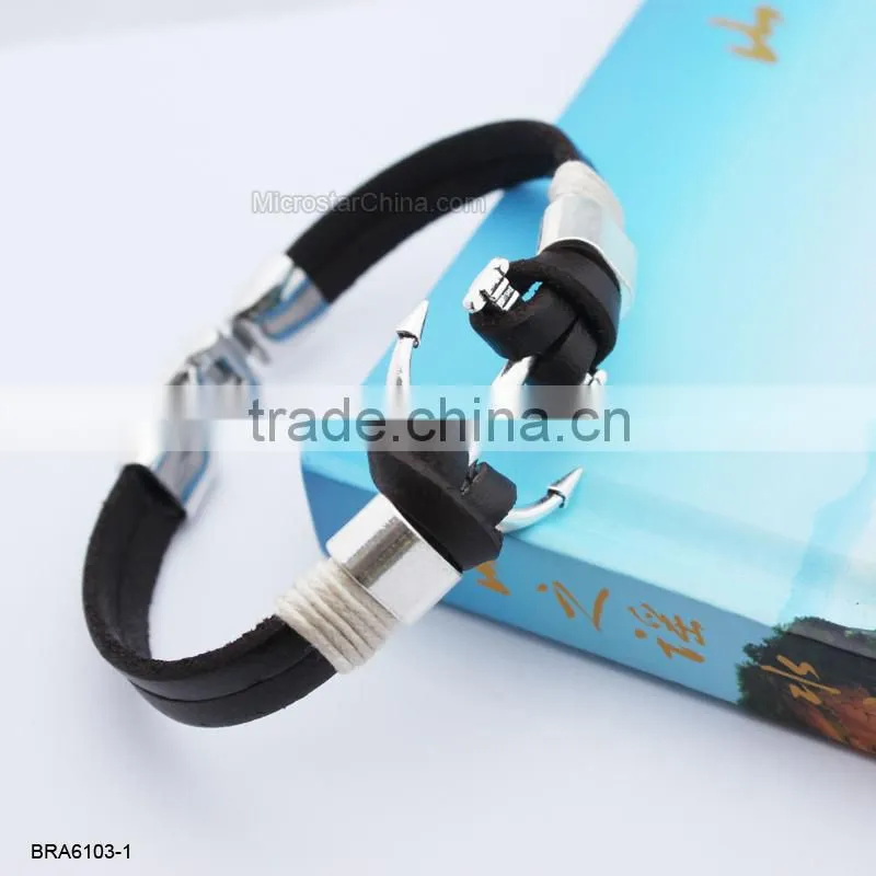 Fashion Black Leather Rudder Charm Bracelet