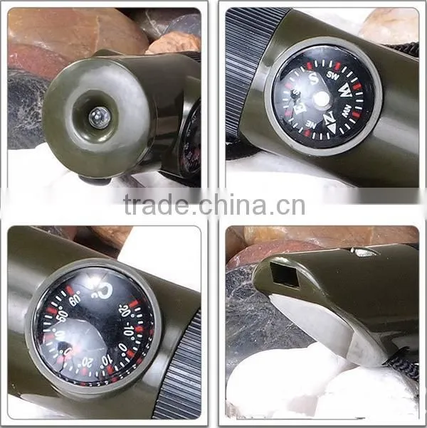 7 in 1 Multifunctional Military Survival Kit Magnifying Glass Whistle Compass Thermometer LED Light