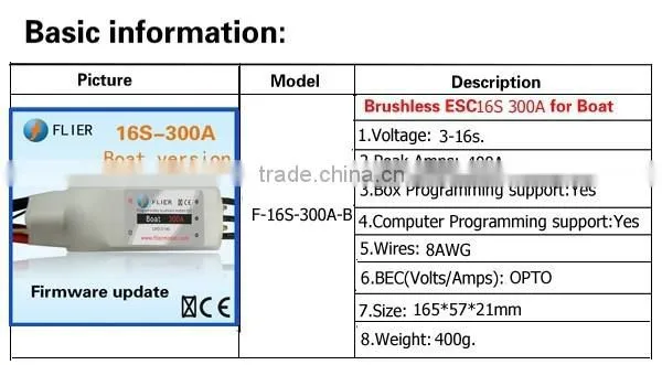 HV brushlesscontroller motor ESC 16S 300A For Boat+program box+BEC