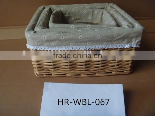 3 set natural color rectangular wicker basket with grey cotton liner