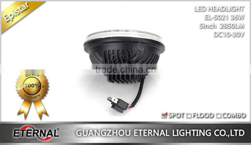 5" 36W LED Round HeadLight Replacement sealed beam with H4 plug for Jeep, trucks, atv, off road