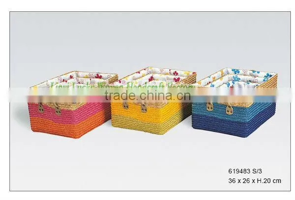 Cheap colored Rectangle straw storage basket with liner and handle