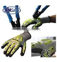 NMSAFETY 13 gauge orange nylon liner sandy nitrile glove with TPR on back mechanic gloves