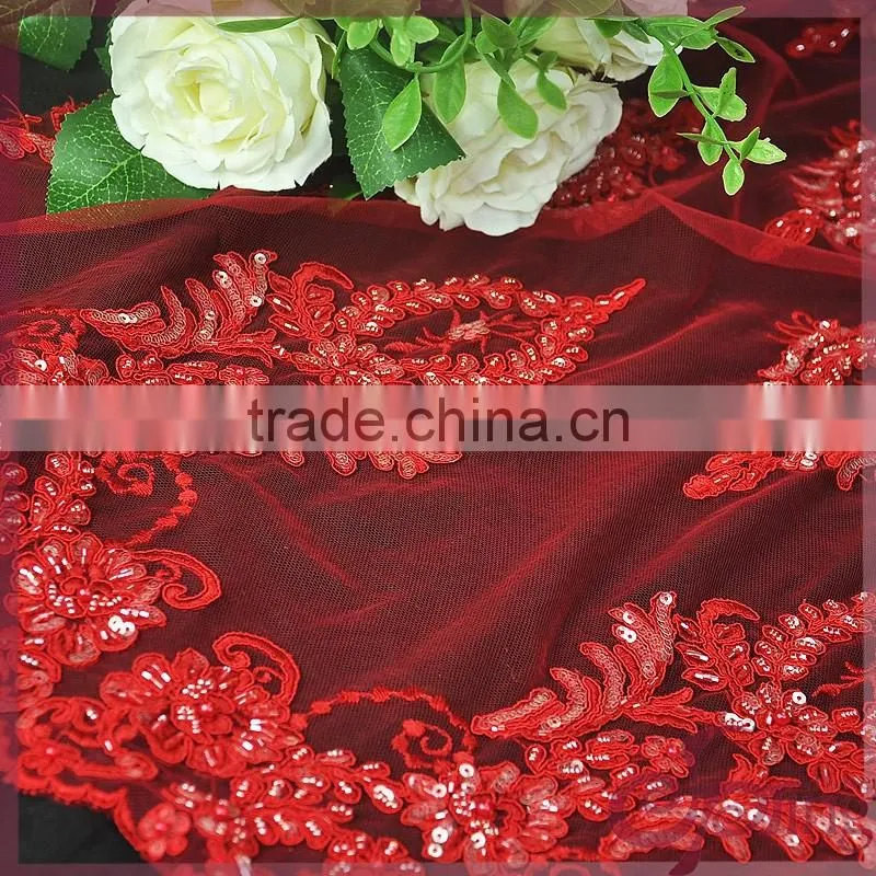 Red floral tulle embroidery with cord lace,sparkle beaded sequin lace fabric for wedding